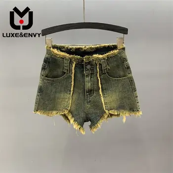 LUXE & ENVY / Джинсовые шорты для Хай-стрит в американском стиле, Женские Летние Тонкие рваные широкие брюки с высокой талией, Сексуальные Пикантные шорты для девочек
