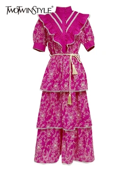 TWOTWINSTYLE, Многоуровневые платья в стиле пэчворк со шнуровкой Для женщин, платье с вышивкой со стоячим воротником и пышными рукавами, женская летняя модная одежда