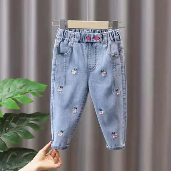 Джинсы для девочек весенне-осенняя одежда, новый стиль, свободные и тонкие весенние детские джинсы с вышивкой для девочек, детские штаны 2-7 лет