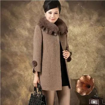 зимнее женское шерстяное пальто для женщин среднего возраста с меховым воротником, кашемировая шерстяная верхняя одежда средней длины, большие размеры 5XL