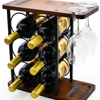 Минималистский антикварный металлический винный стеллаж для вина, винный стеллаж на кухонном столе, винный стеллаж с двумя подвесными чашками