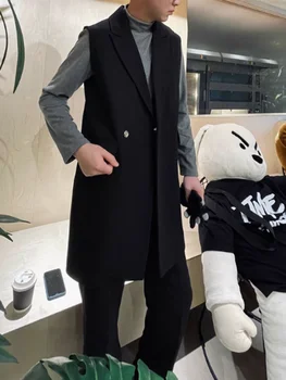 Мужской Длинный жилет, Черный жилет без рукавов с V-образным вырезом, Корейская повседневная одежда, Свободная и удобная куртка для защиты от холода