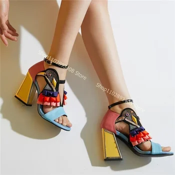 Разноцветные Босоножки с Тотемом и Кристаллами, Открытый Носок, Закрывающий Каблук, Женские летние туфли на высоком массивном Каблуке, Модельные туфли Zapatillas Mujer